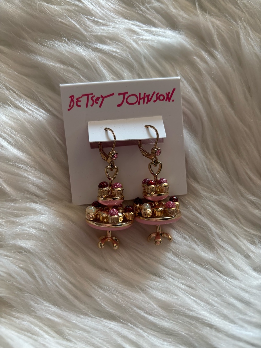 Betsey Johnson Gold & Pink Layered Cake Dangle Earrings